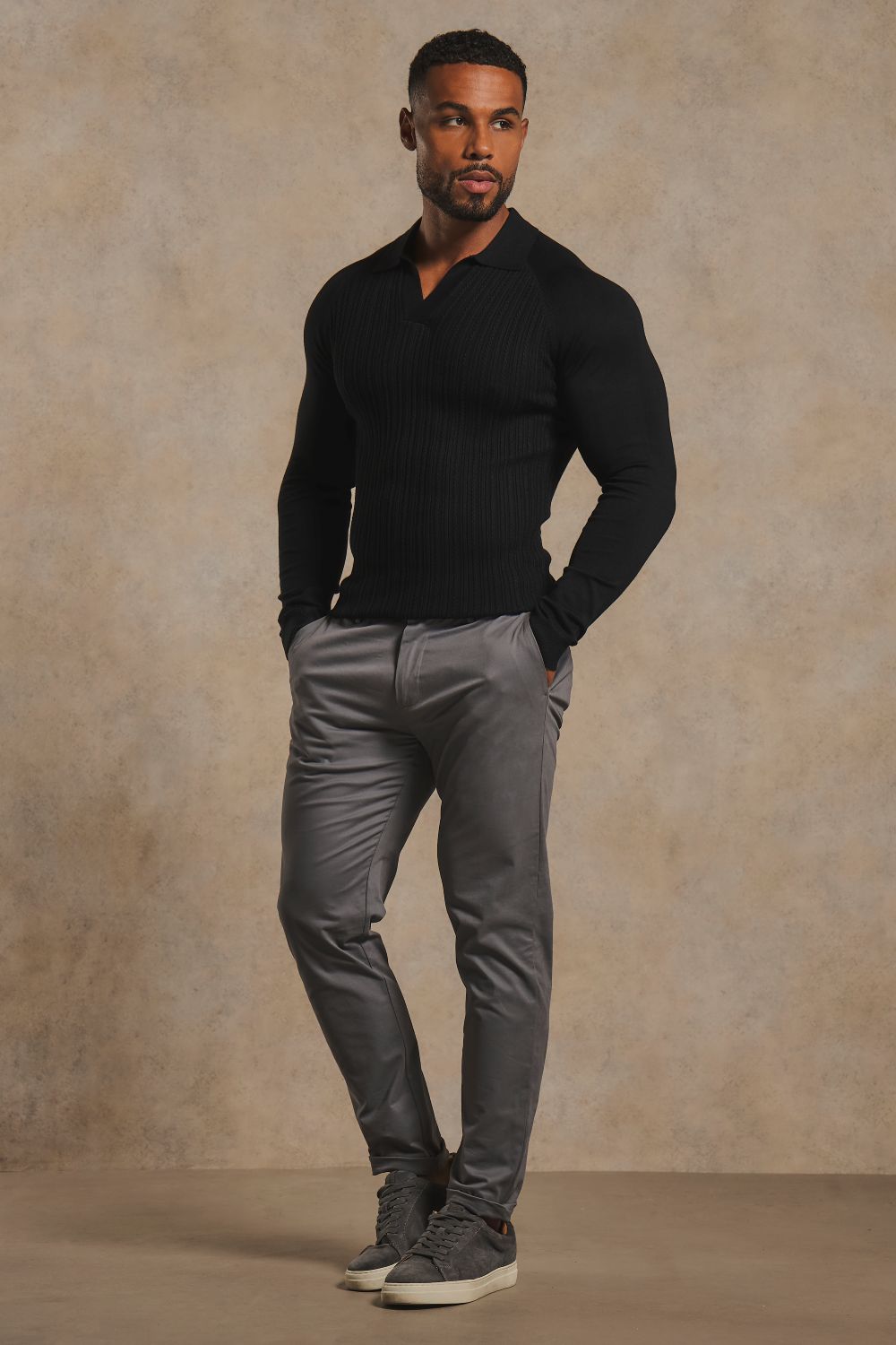 Fine Cable Knitted Open Collar Polo Shirt in Black
