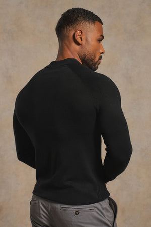 Fine Cable Knitted Open Collar Polo Shirt in Black