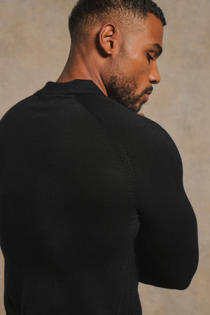Fine Cable Knitted Open Collar Polo Shirt in Black