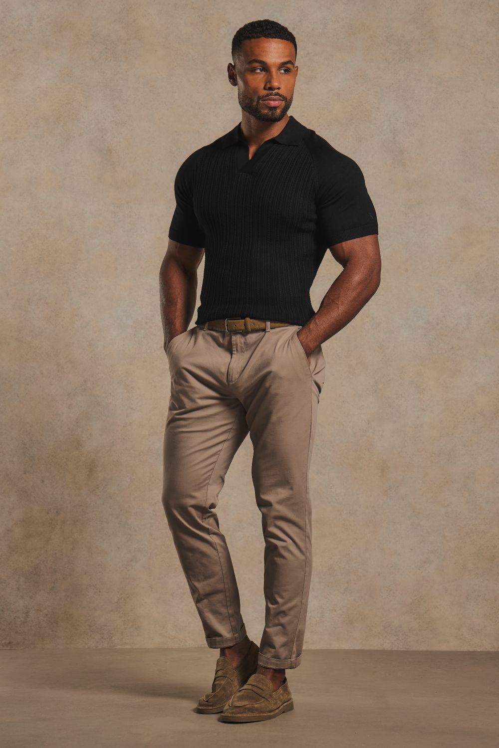 Fine Cable Knitted Open Collar Polo Shirt in Black