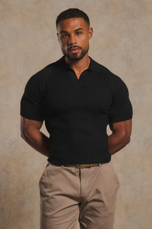 Fine Cable Knitted Open Collar Polo Shirt in Black