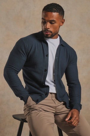 Square Textured Knitted Shirt in Dark Slate