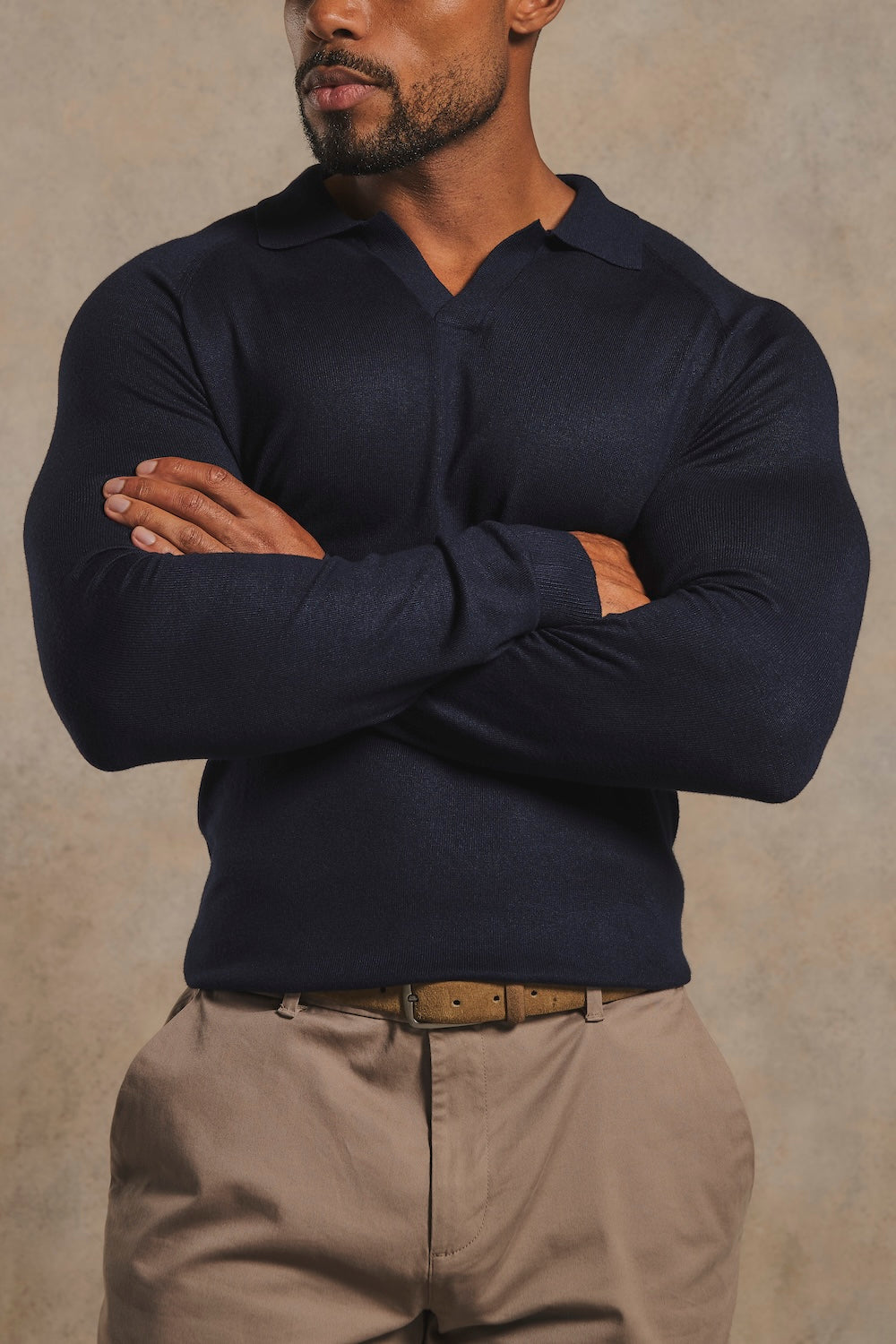 Open Collar Knitted Polo Shirt in Navy