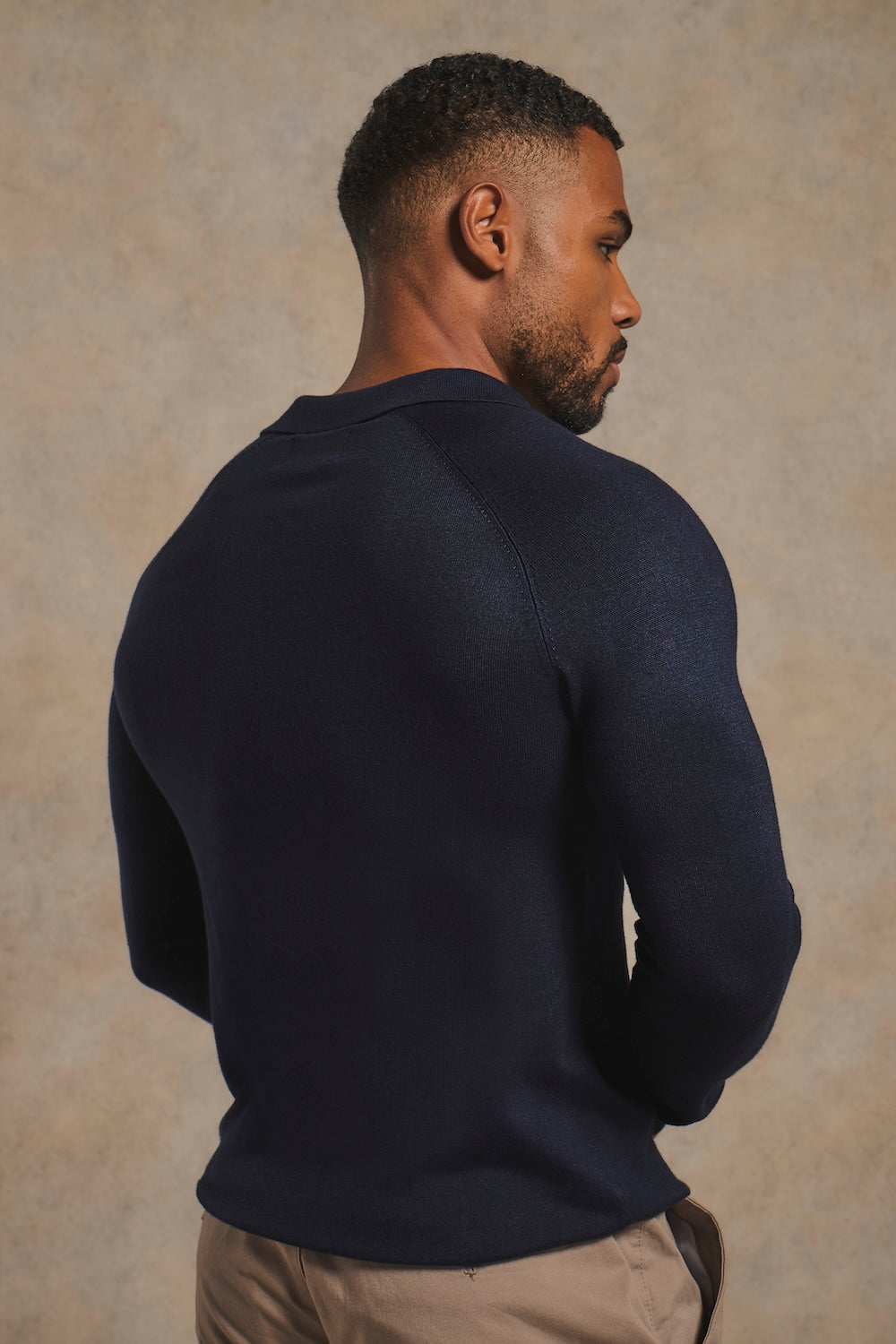 Open Collar Knitted Polo Shirt in Navy