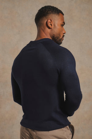 Open Collar Knitted Polo Shirt in Navy