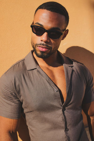 Stretch Linen Blend Cuban Collar Shirt in Chocolate