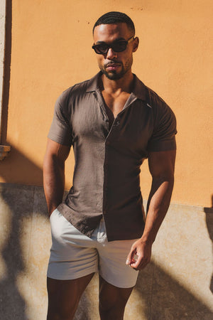 Stretch Linen Blend Cuban Collar Shirt in Chocolate