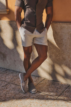 Stretch Linen Blend Cuban Collar Shirt in Chocolate