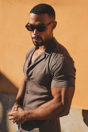 Stretch Linen Blend Cuban Collar Shirt in Chocolate