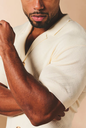 Diamond Jacquard Revere Collar Knitted Shirt in Ecru