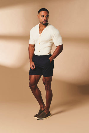 Diamond Jacquard Revere Collar Knitted Shirt in Ecru