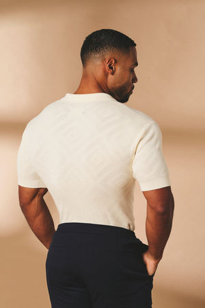 Diamond Jacquard Revere Collar Knitted Shirt in Ecru