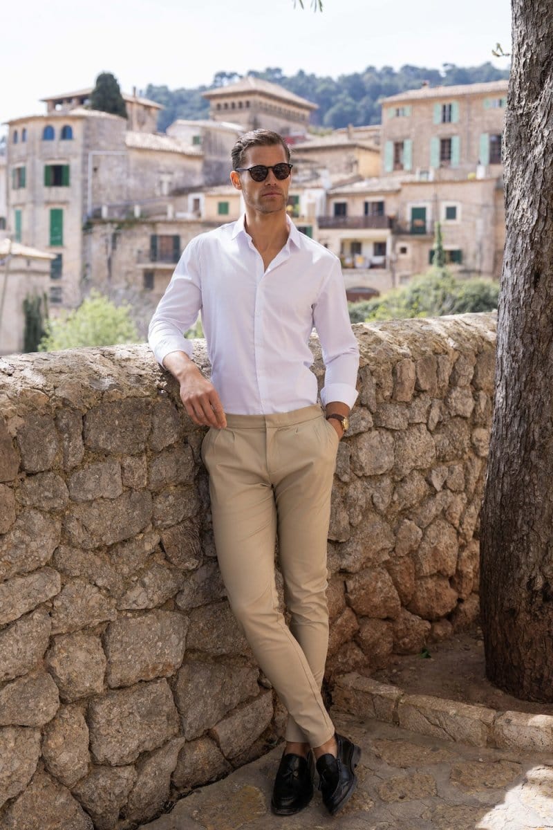 Smart Pleated Cotton Side Adjust Trouser in Stone - TAILORED ATHLETE - ROW