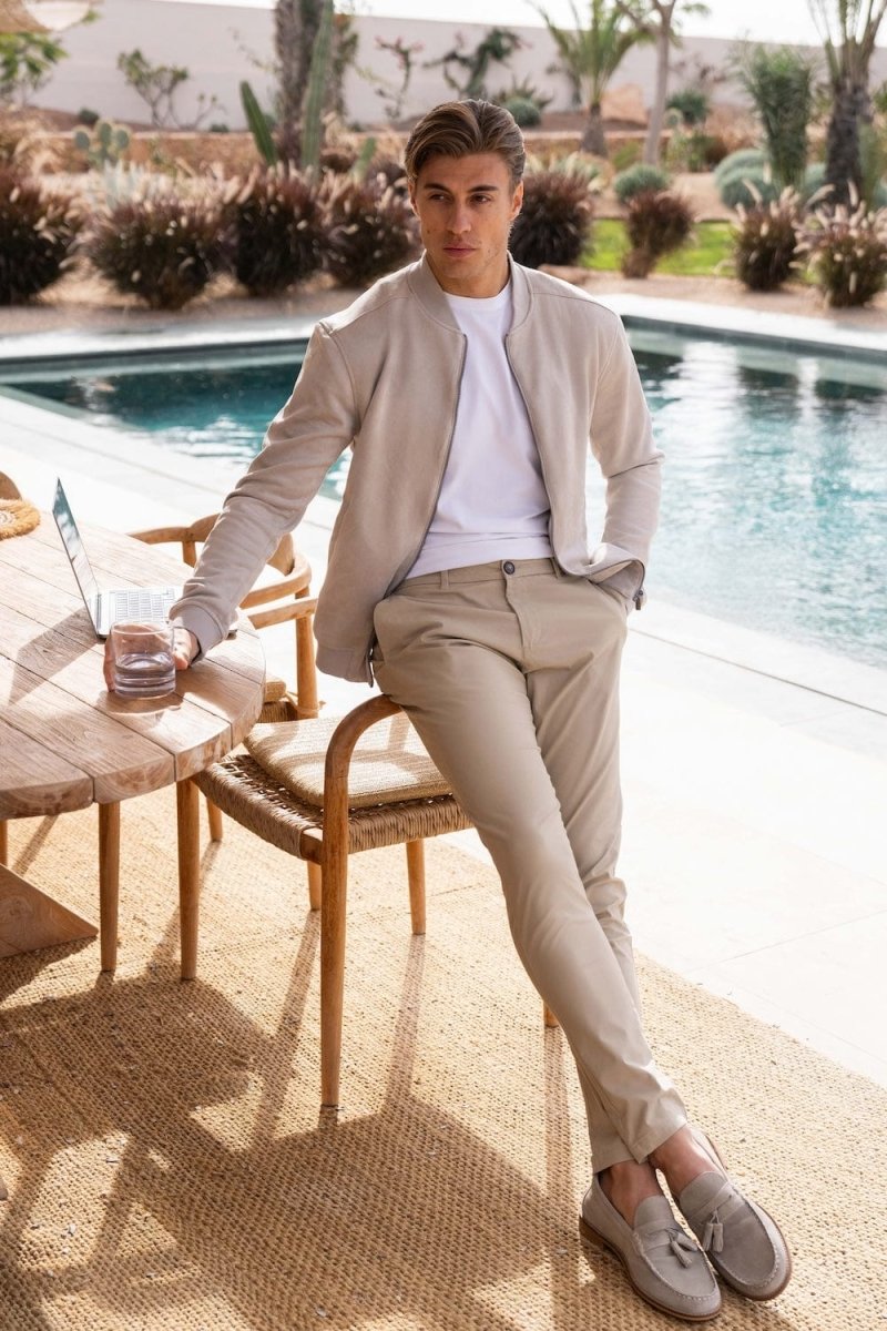 Suede Look Bomber Jacket in Stone - TAILORED ATHLETE - ROW