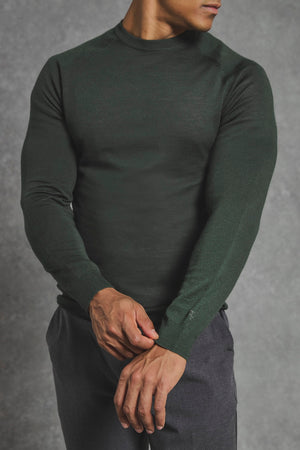 Extra Fine Merino Wool Crew Neck Jumper in Dark Evergreen