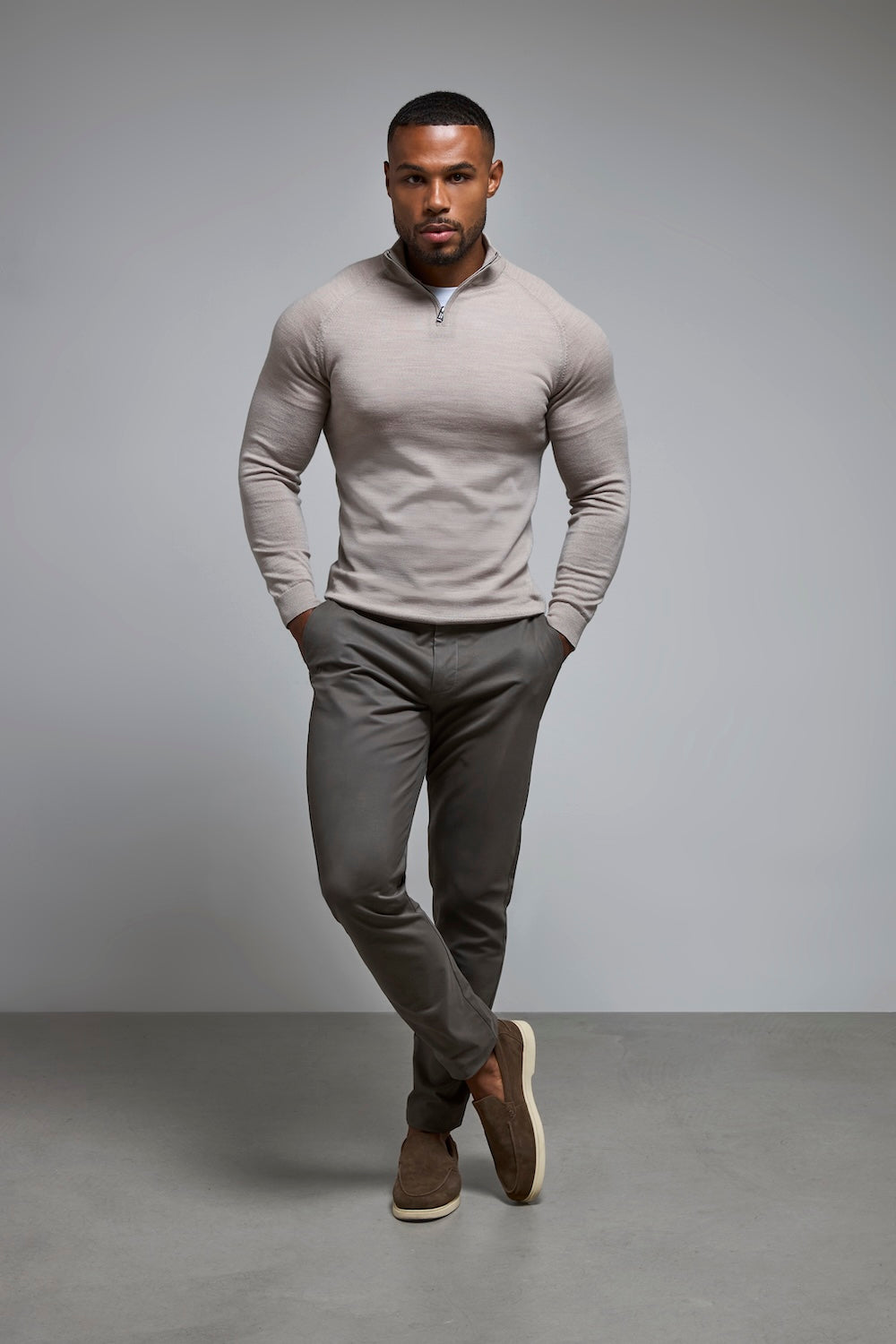 Extra Fine Merino Wool Half Zip Neck Jumper in Wheat Marl