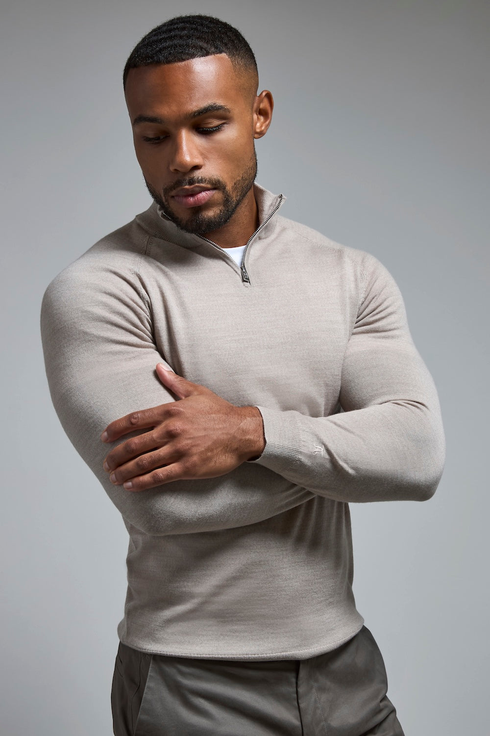 Extra Fine Merino Wool Half Zip Neck Jumper in Wheat Marl