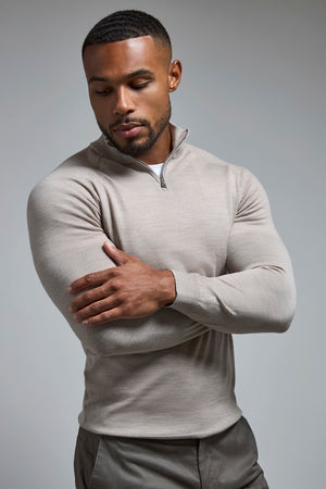 Extra Fine Merino Wool Half Zip Neck Jumper in Wheat Marl