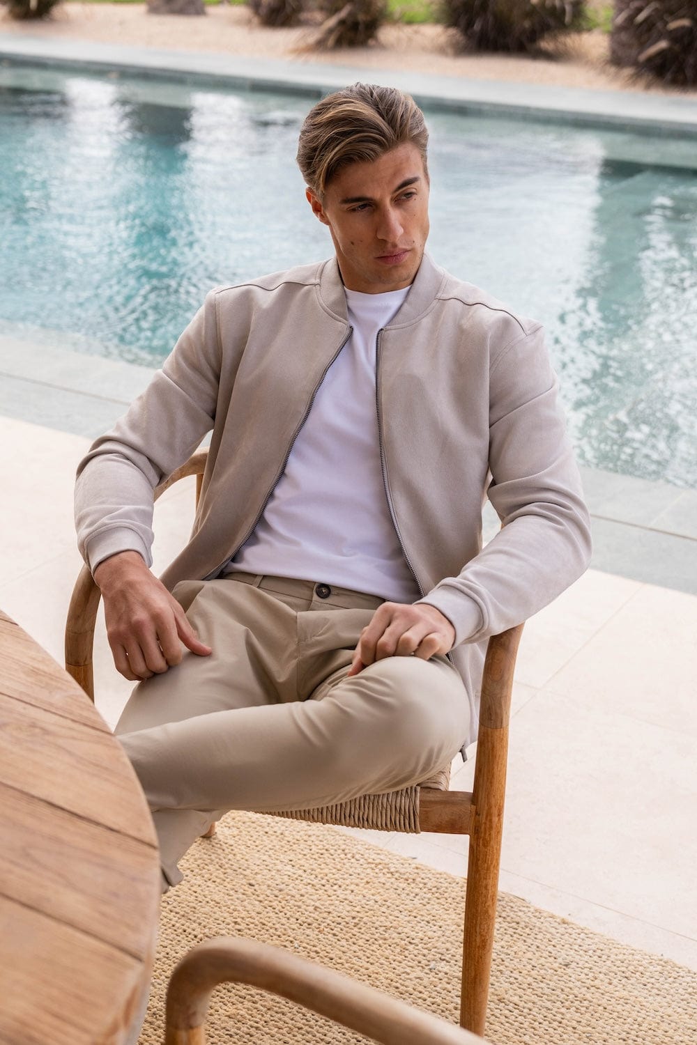 Suede Look Bomber Jacket in Stone - TAILORED ATHLETE - ROW