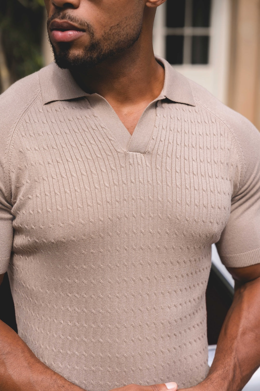 Fine Cable Knitted Polo Shirt in Stone