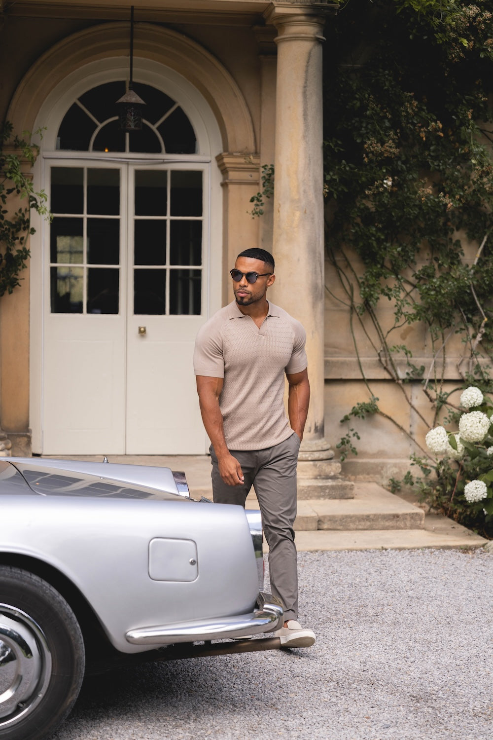 Fine Cable Knitted Polo Shirt in Stone