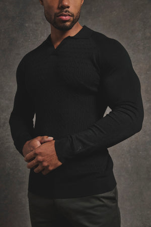 Fine Cable Knitted Polo Shirt in Black