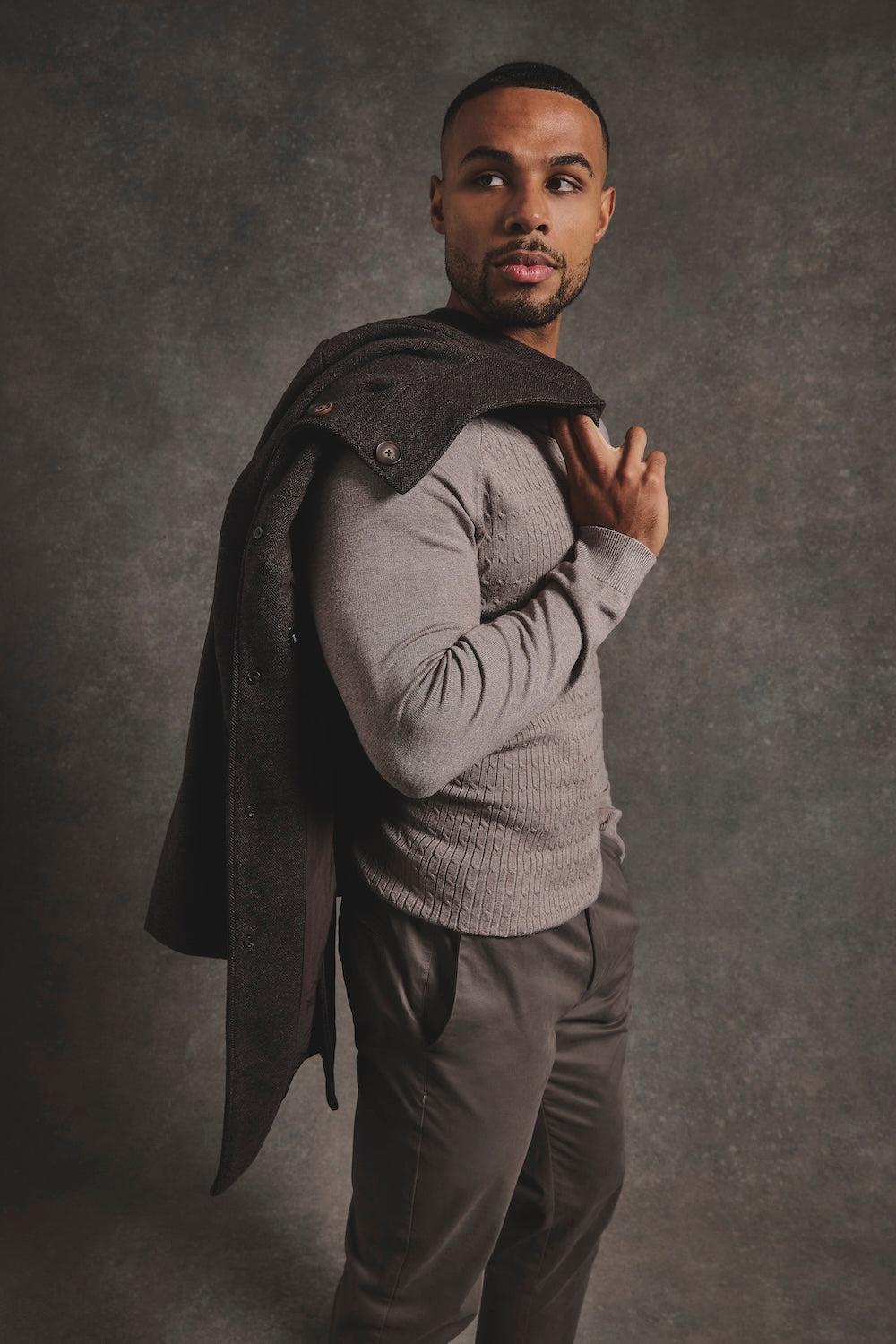 Fine Cable Knitted Polo Shirt in Neutral Marl