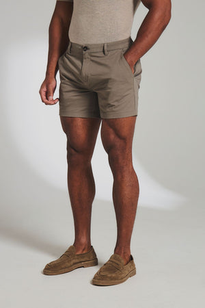 Muscle Fit Stretch Chino Shorts - Shorter Length in Dark Taupe