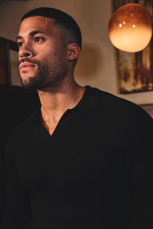 Fine Cable Knitted Polo Shirt in Black