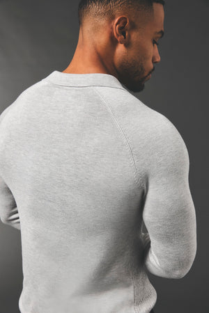 Fine Cable Knitted Polo Shirt in Light Grey Marl