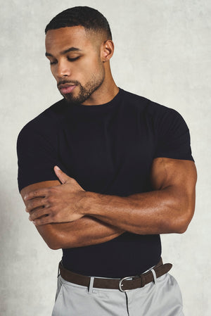 Fine Gauge Knitted T-Shirt in Inky Blue