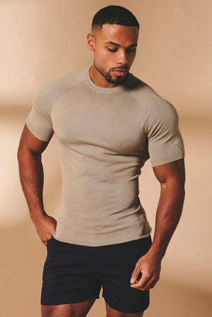 Fine Gauge Knitted T-Shirt in Stone