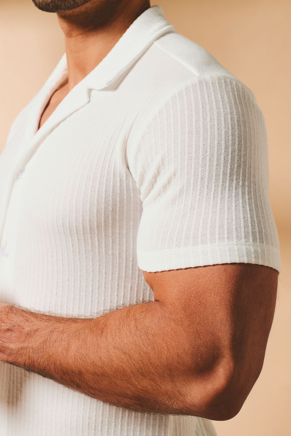 Fine Textured Stripe Cuban Collar Shirt in White