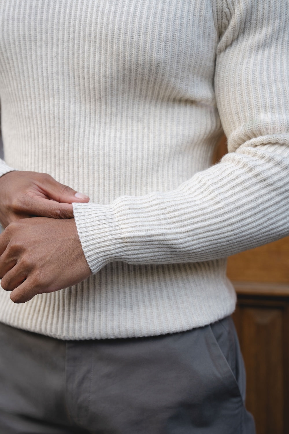 Fisherman Rib Open Collar Polo Shirt in Winter White