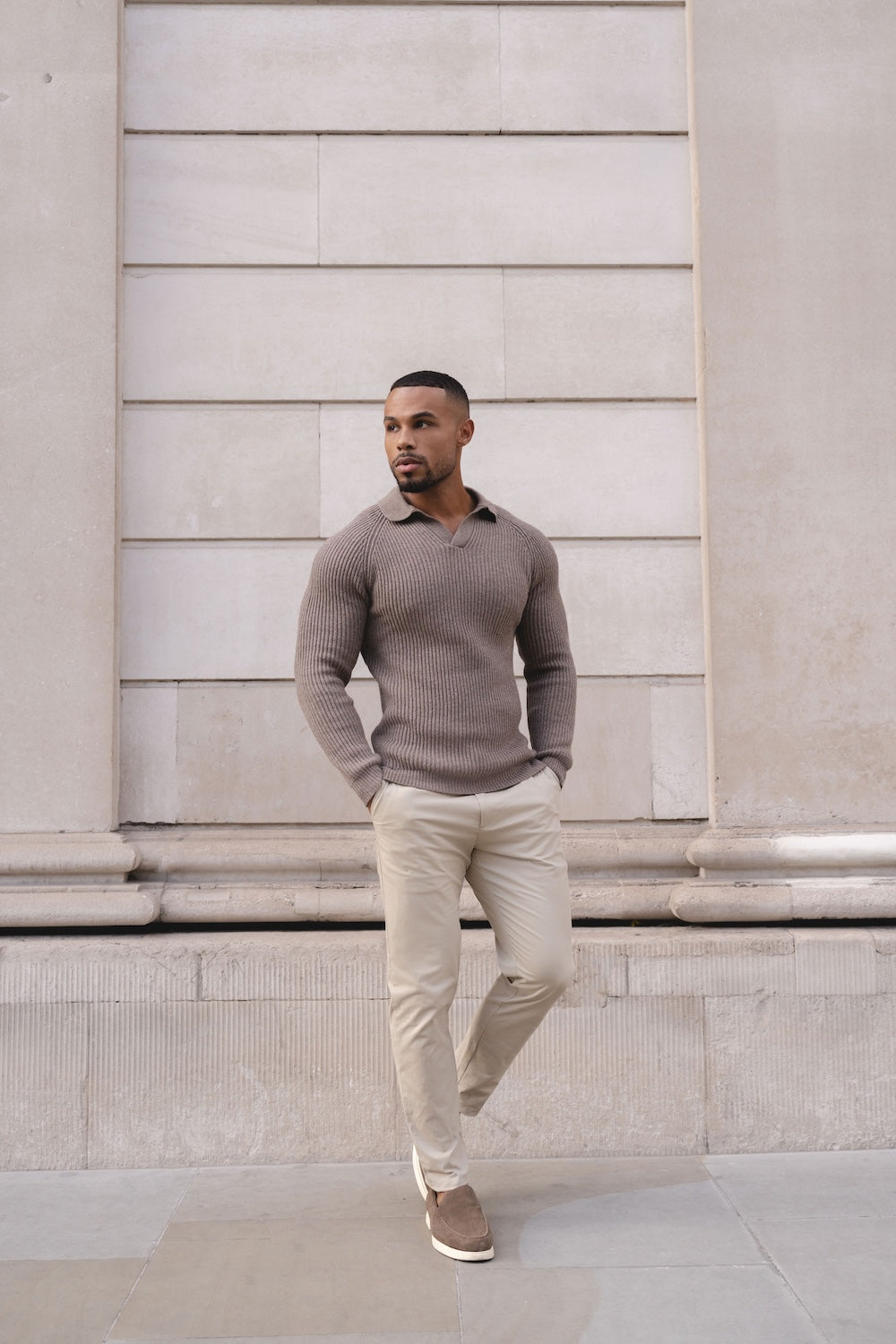 Fisherman Rib Open Collar Polo Shirt in Brown