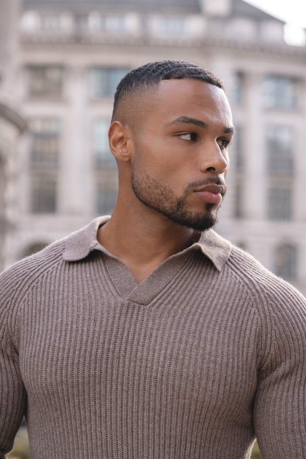 Fisherman Rib Open Collar Polo Shirt in Brown