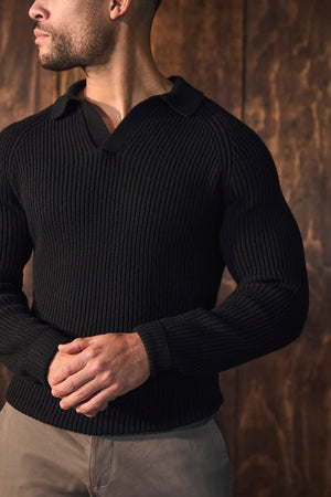 Fisherman Rib Open Collar Polo Shirt in Black