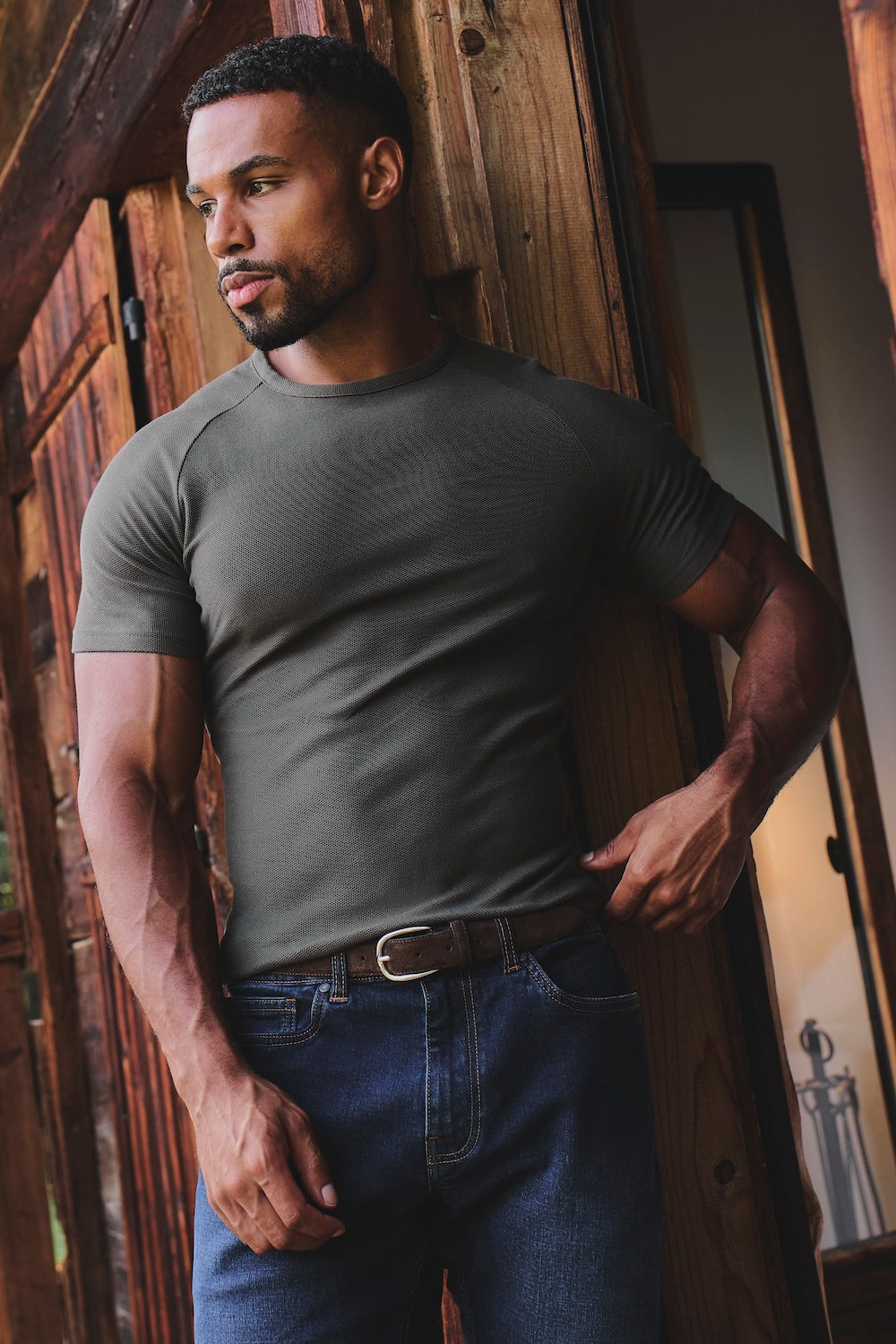 Textured Jersey T-Shirt in Dark Moss
