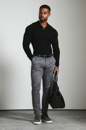 Muscle Fit Cotton Stretch Chino Trouser in Dark Grey