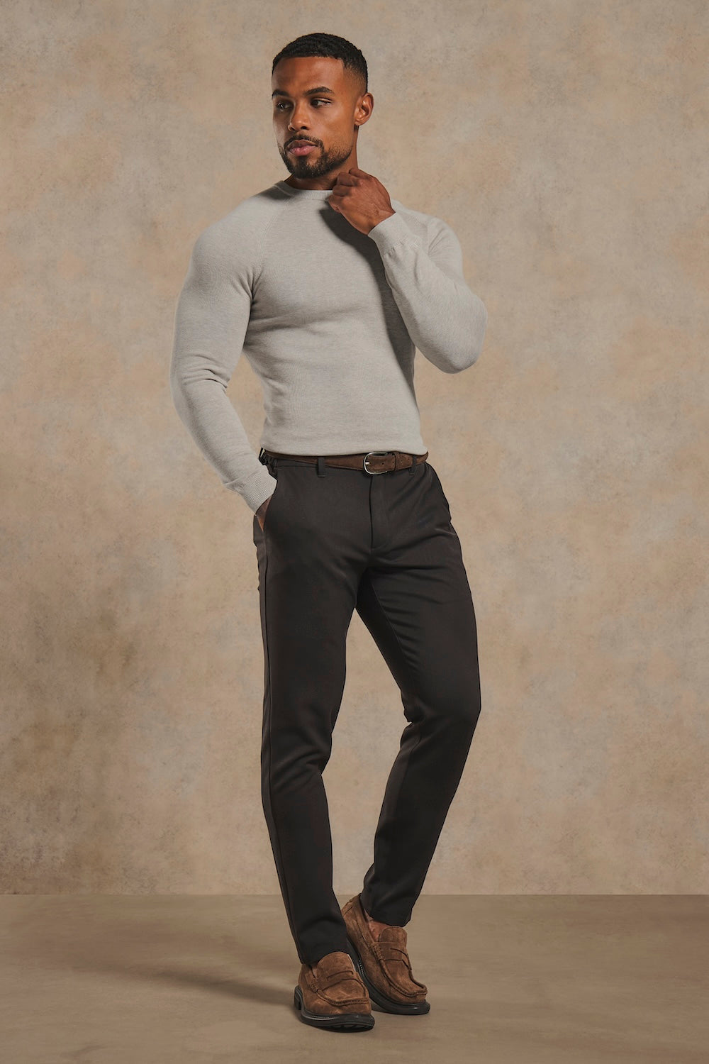 Pure Cotton Knitted Crew Neck Jumper in Soft Grey Marl