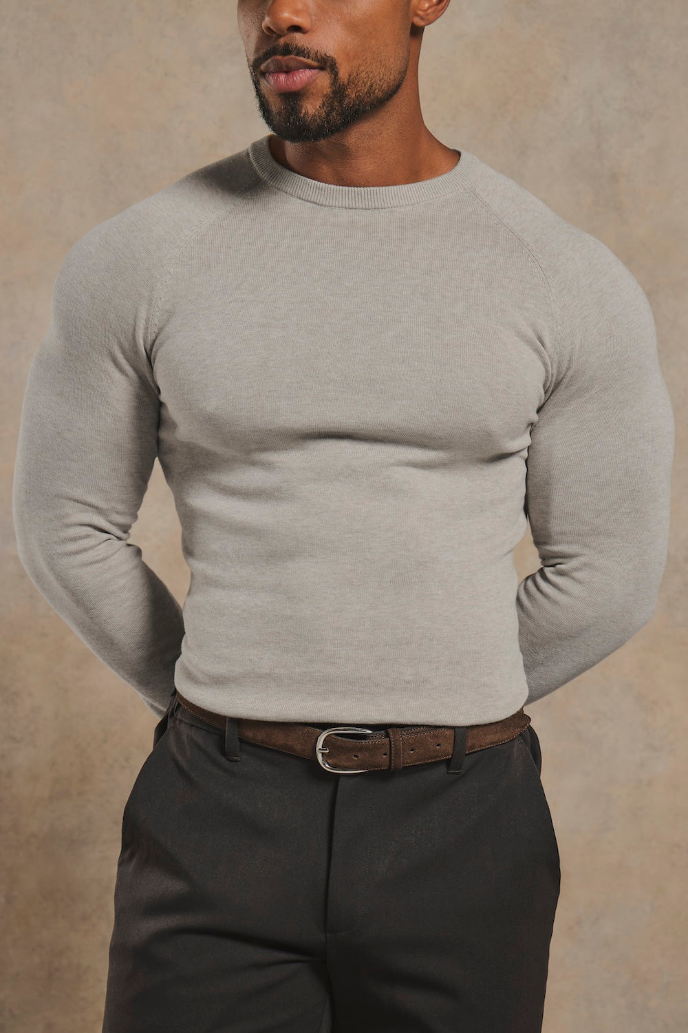 Pure Cotton Knitted Crew Neck Jumper in Soft Grey Marl