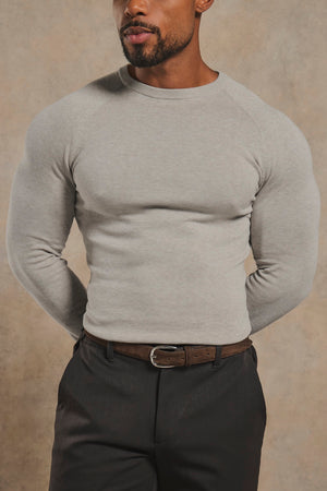 Pure Cotton Knitted Crew Neck Jumper in Soft Grey Marl