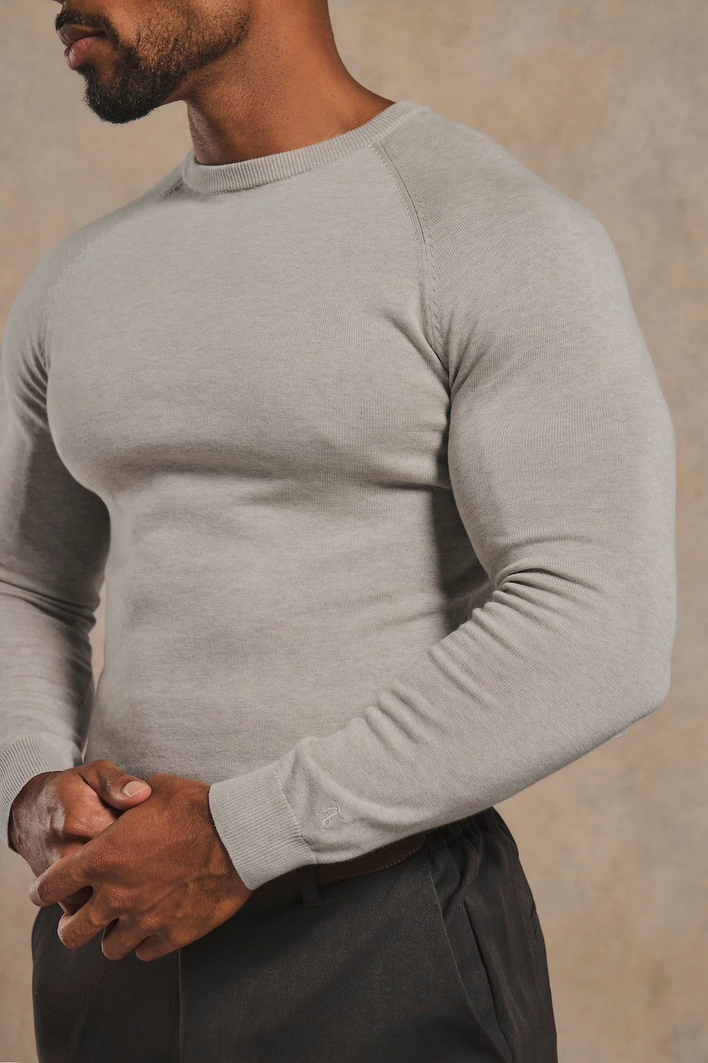 Pure Cotton Knitted Crew Neck Jumper in Soft Grey Marl