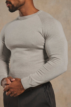 Pure Cotton Knitted Crew Neck Jumper in Soft Grey Marl
