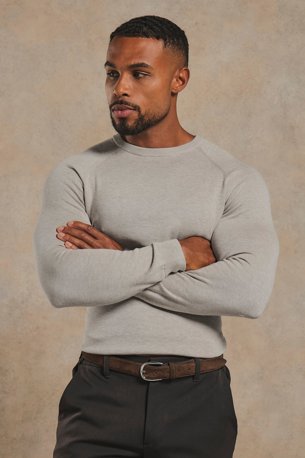 Pure Cotton Knitted Crew Neck Jumper in Soft Grey Marl