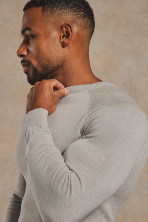Pure Cotton Knitted Crew Neck Jumper in Soft Grey Marl