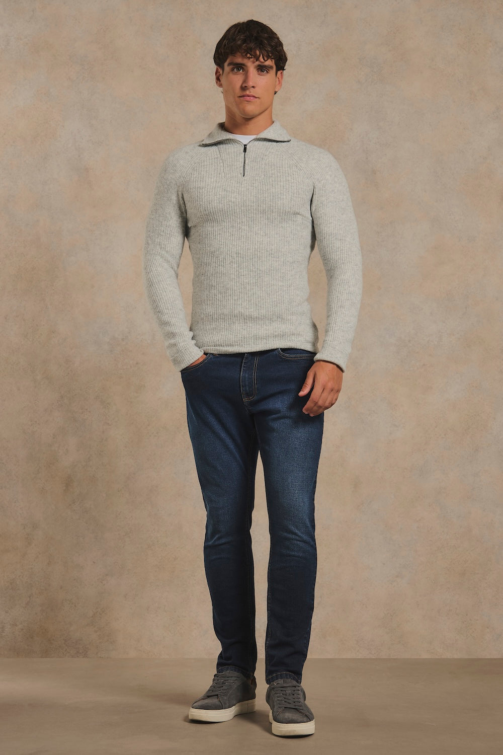 Fisherman Rib Half Zip in Soft Grey Marl