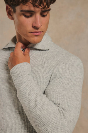 Fisherman Rib Half Zip in Soft Grey Marl
