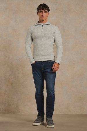 Fisherman Rib Half Zip in Soft Grey Marl
