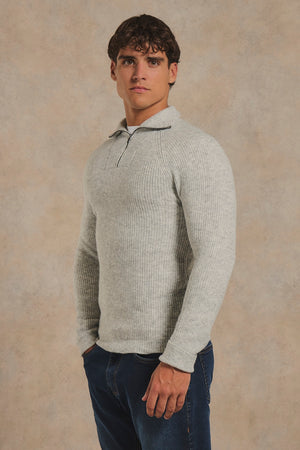 Fisherman Rib Half Zip in Soft Grey Marl